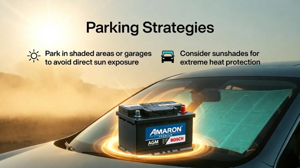 Feature image showing a car parked in shade with a premium battery, title "Parking Strategies" at the top, and two key tips on the sides: park in shaded areas/garages and use sunshades for heat protection.