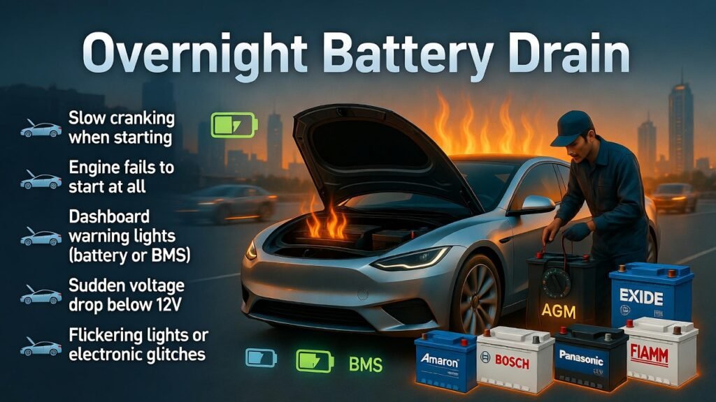 “Animated user guide showing a modern car in Dubai experiencing overnight battery drain, technician checking battery, dashboard warning icons, and branded batteries like Amaron, Bosch, Exide.”