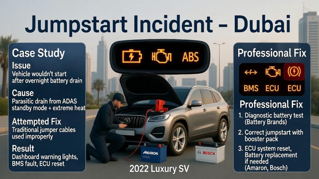 “Animated user guide showing a 2022 Luxury SUV in Dubai being properly jumpstarted by a technician after previous failed attempts, highlighting dashboard warnings, ECU/BMS fault, and branded batteries like Amaron and Bosch.”