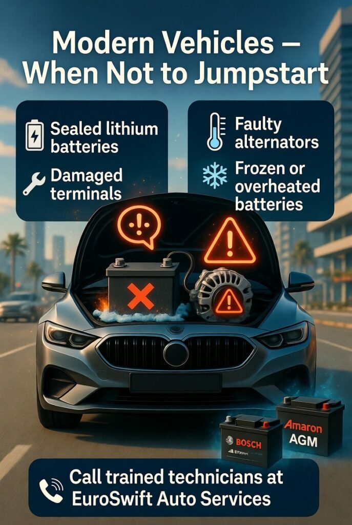 “Animated user guide showing a modern car in Dubai with sealed lithium battery, damaged terminals, faulty alternator, and frozen/overheated battery highlighted, recommending professional service from EuroSwift Auto Services.”