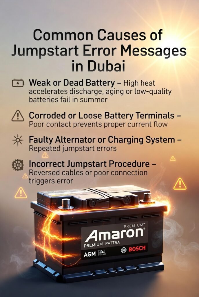 Common Causes of Jumpstart Error Messages in Dubai – User Guide Visual Feature image showing a premium car battery with animated spark effects, title "Common Causes of Jumpstart Error Messages in Dubai" at the top, and bullet points on the sides listing weak battery, corroded terminals, faulty alternator, electronics protection, and incorrect jumpstart procedure.