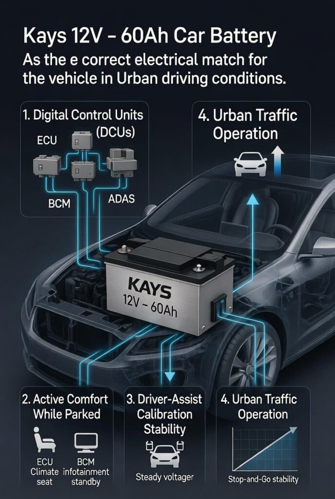 Kays 12V – 60Ah battery matched to digital control units and urban driving requirements in premium sedans