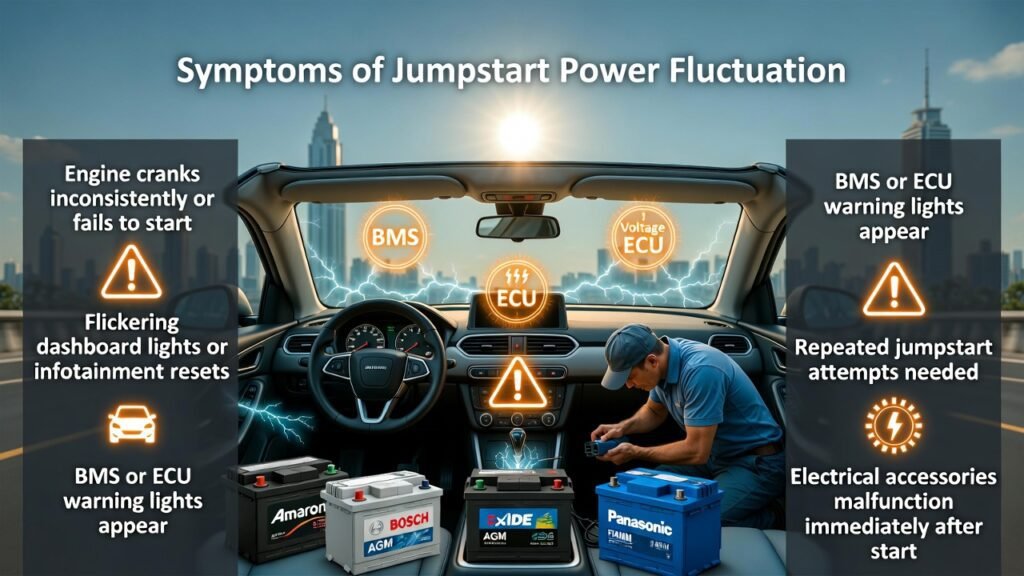 “Animated user guide showing a modern car in Dubai experiencing jumpstart power fluctuation, with inconsistent engine cranking, flickering dashboard lights, BMS/ECU warnings, repeated jumpstart attempts, and malfunctioning accessories, with branded batteries like Amaron, Bosch, and Exide.”