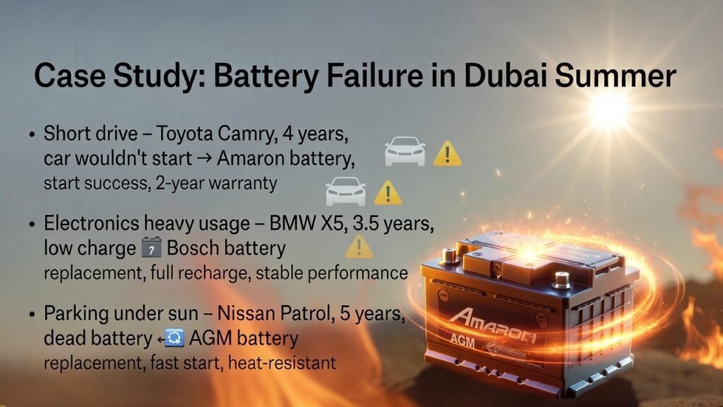 Feature image showing a premium car battery with animated spark effects in Dubai summer, title "Case Study: Battery Failure in Dubai Summer" at the top, and three key case study points on the sides summarizing battery failures and solutions.