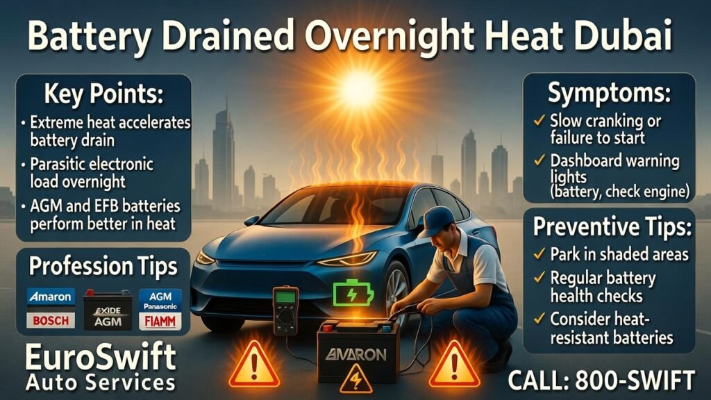 “Animated user guide showing a modern car in Dubai with battery drained overnight due to heat, technician checking battery, dashboard warning icons, and branded batteries like Amaron, Bosch, and Exide.”
