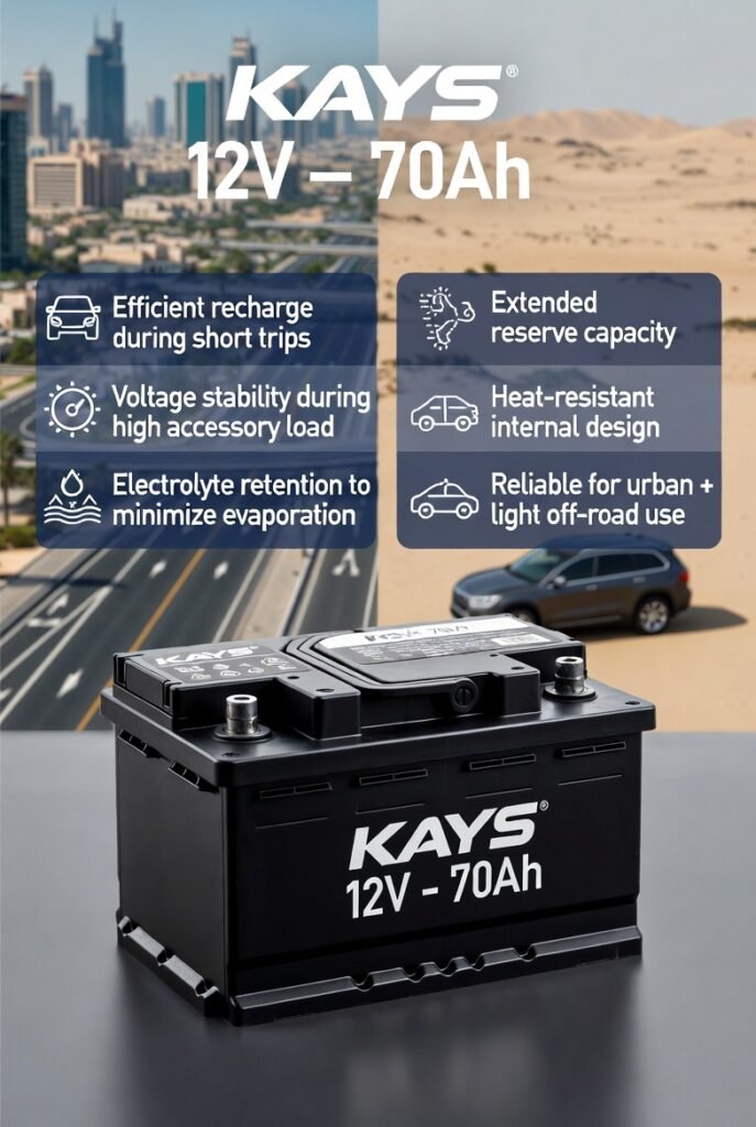 Kays 12V – 70Ah car battery for SUV and mid-size vehicles showing stable power, heat resistance, and electrical reliability in 2026