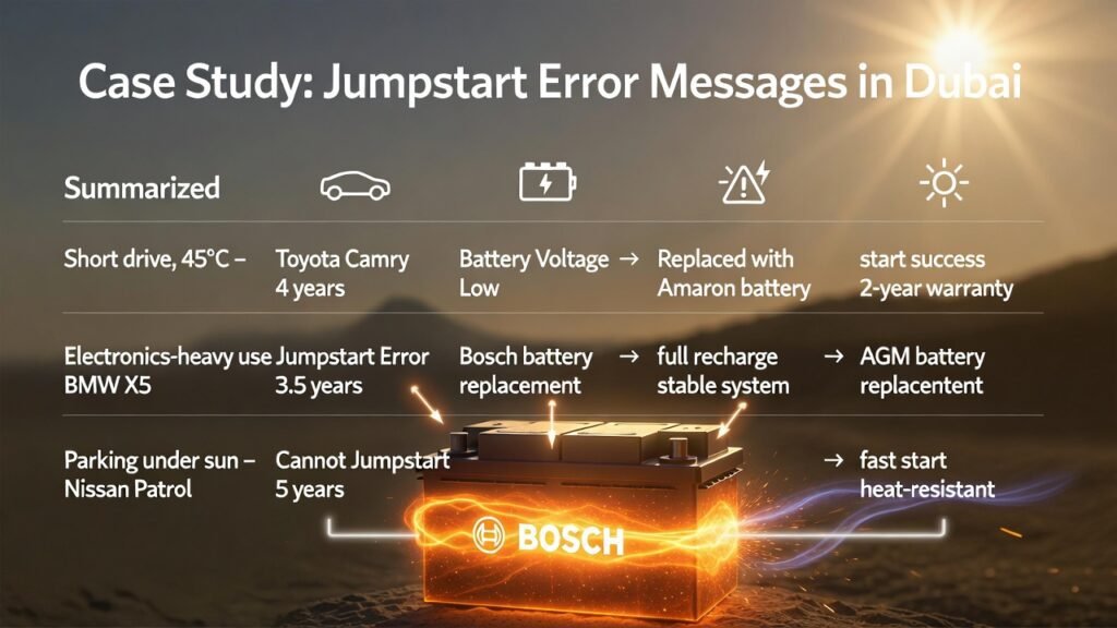 Case Study: Jumpstart Error Messages in Dubai – User Guide Visual Feature image showing a premium car battery with glowing terminals and animated spark effects, title "Case Study: Jumpstart Error Messages in Dubai" at the top, and three key case study points displayed on the sides summarizing vehicle, battery age, error message, and solution.