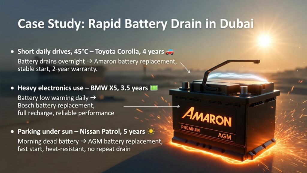 Feature image showing a premium car battery with glowing terminals and animated spark effects, title "Case Study: Rapid Battery Drain in Dubai" at the top, and three key case study scenarios displayed on the sides with vehicle, battery age, issue, solution, and outcome.