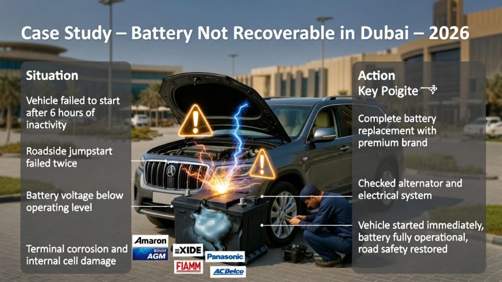 Luxury SUV parked at Dubai Mall with hood open showing a non-recoverable battery, technician inspecting the vehicle, with infographic points showing situation, diagnosis, action, and results, including premium battery brands.