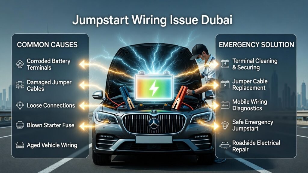 Infographic showing a luxury car being jump-started by a technician in Dubai, highlighting jumper cable wiring issues, corroded terminals, and emergency roadside solutions.