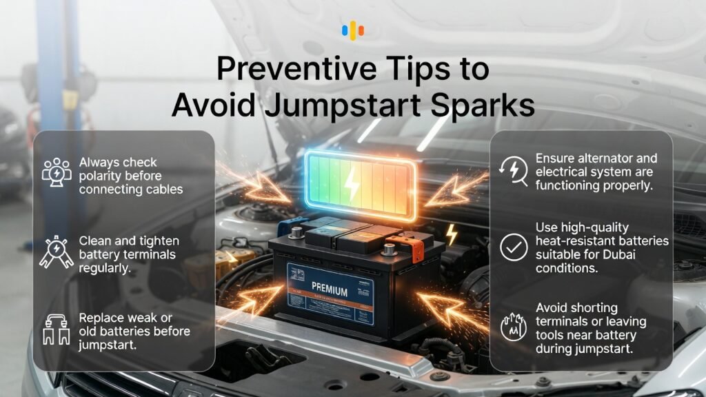 Infographic showing preventive tips to avoid jumpstart sparks, including battery terminal care, polarity check, high-quality batteries, and electrical system maintenance.