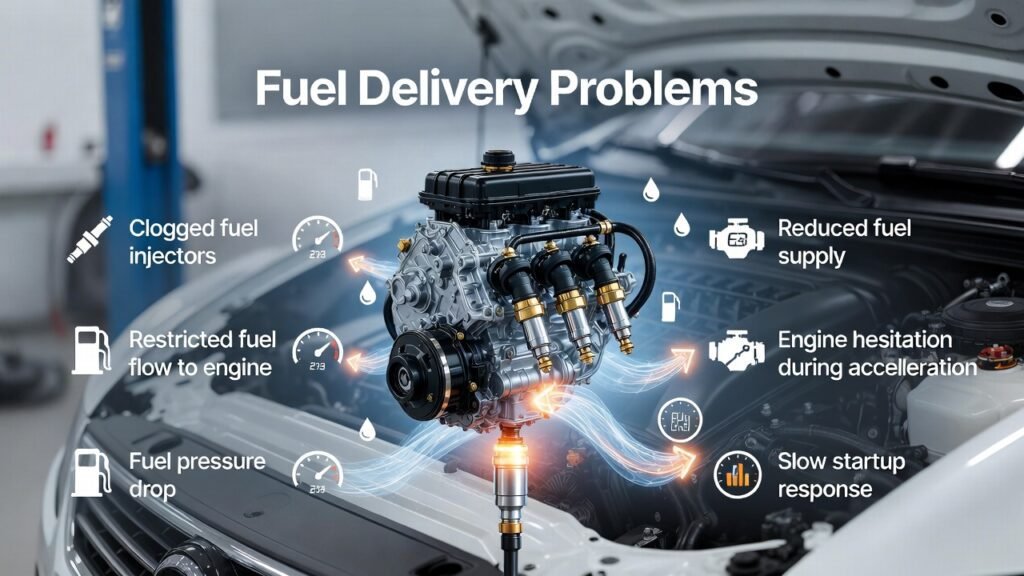 Fuel delivery problems infographic showing clogged fuel injectors and low fuel pressure causing engine hesitation during acceleration