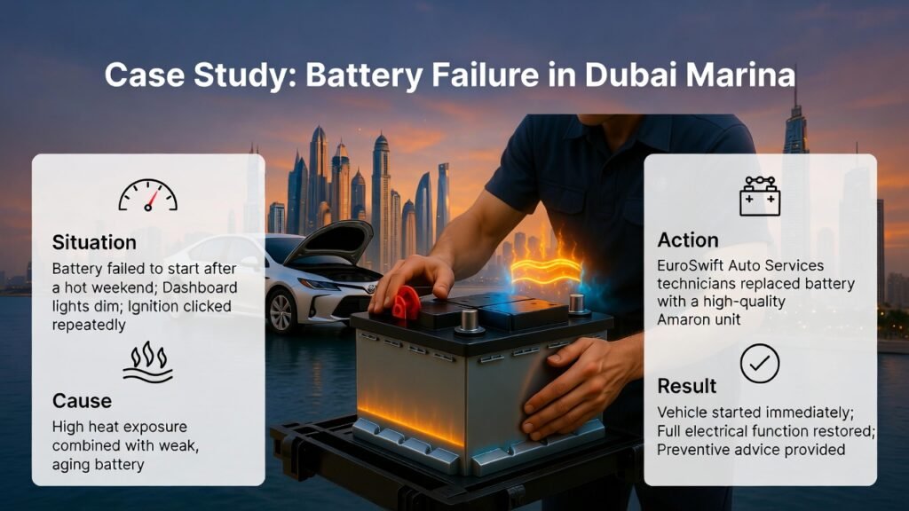 "Case Study: Battery Failure in Dubai Marina" "Animated infographic showing a case study of battery failure in Dubai Marina, featuring a central battery being replaced on-site, a Toyota Corolla, Dubai Marina skyline, and key situation, cause, action, and result points displayed on the sides."