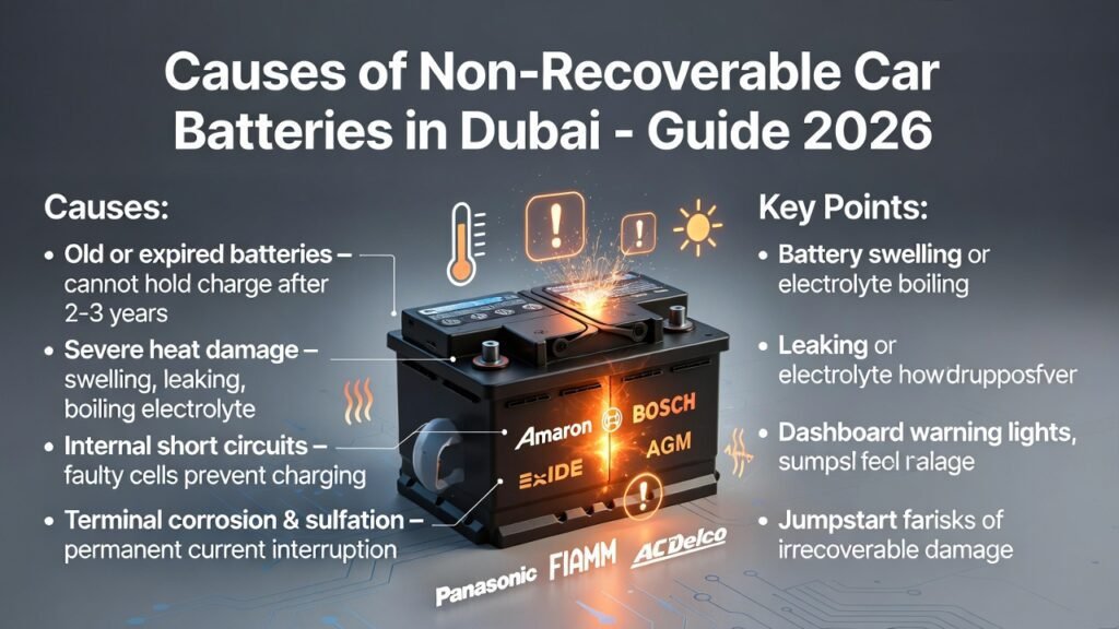 Luxury car battery showing signs of being non-recoverable with swelling, leakage, heat damage, internal short circuits, and infographic points describing causes and effects, alongside premium battery brands.
