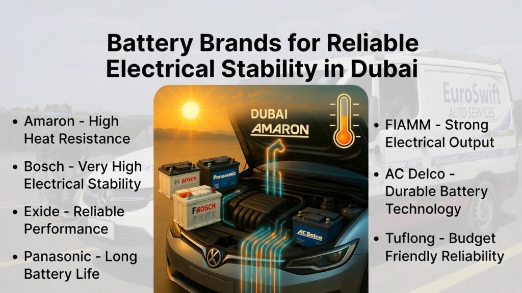 Best Car Battery Brands in Dubai for ECU Stability and Reliable Power Best car battery brands for electrical stability in Dubai including Amaron, Bosch, Exide, Panasonic, FIAMM, AC Delco and Tuflong.