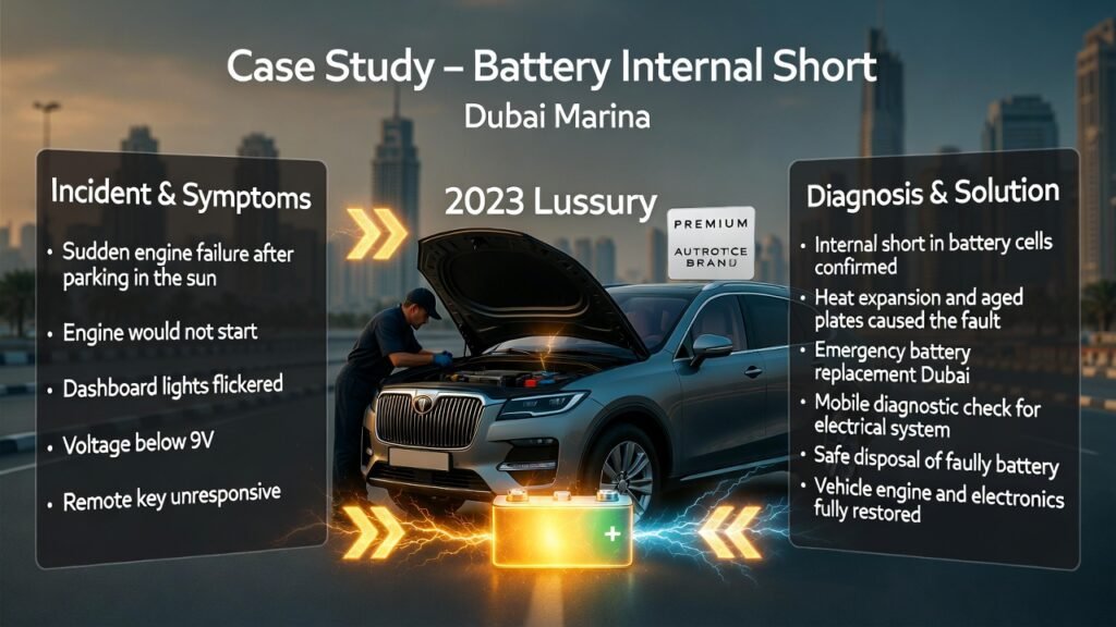 Case Study β Battery Internal Short Dubai Marina Infographic showing a 2023 luxury SUV in Dubai Marina with a technician performing an emergency battery replacement, highlighting internal battery short causes, symptoms, and restoration solutions.