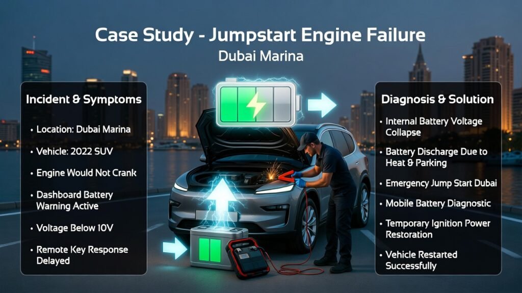 Case Study β Jumpstart Engine Failure Dubai Marina Case study jumpstart engine failure Dubai Marina showing technician jump starting a 2022 SUV battery with emergency roadside ignition restoration.