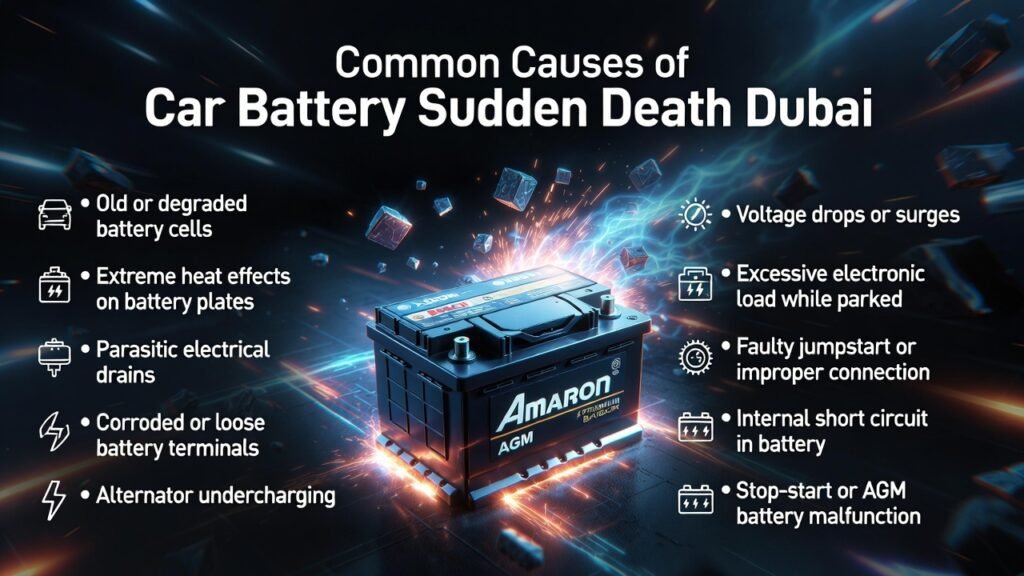 High-quality 4K infographic showing a central premium car battery with electric glow accents, headline at the top, and common causes of car battery sudden death in Dubai displayed on left and right sides.