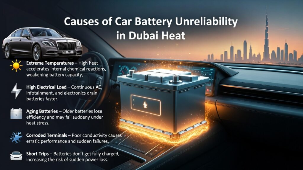 "Causes of Car Battery Unreliability in Dubai Heat" "Animated infographic showing the causes of car battery unreliability in Dubai heat, featuring a central glowing battery, luxury branded car, and key causes displayed as bullet points on the sides."