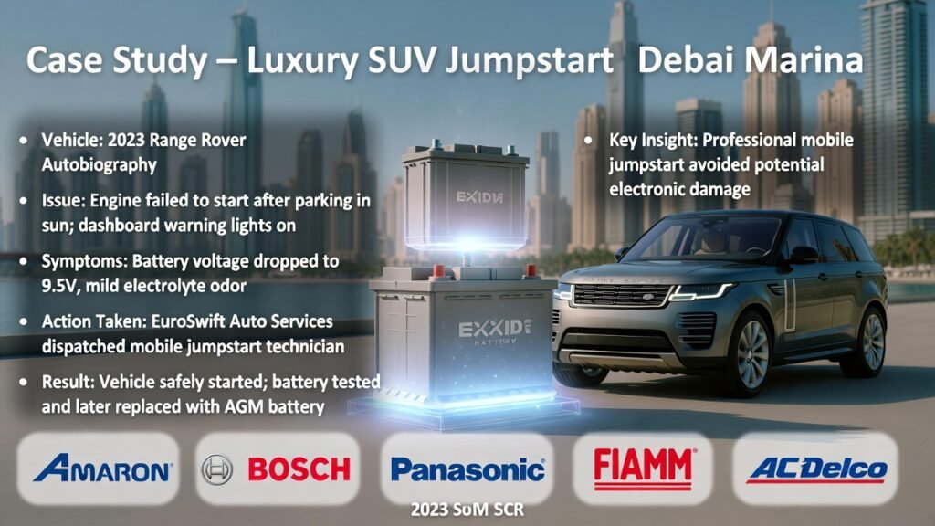 “Case Study – Luxury SUV Jumpstart Dubai Marina” “Infographic showing Case Study of Luxury SUV Jumpstart in Dubai Marina with Range Rover SUV and battery in center, side bullet points for vehicle, issue, symptoms, action, result, and key insight, surrounded by premium battery brand logos.”
