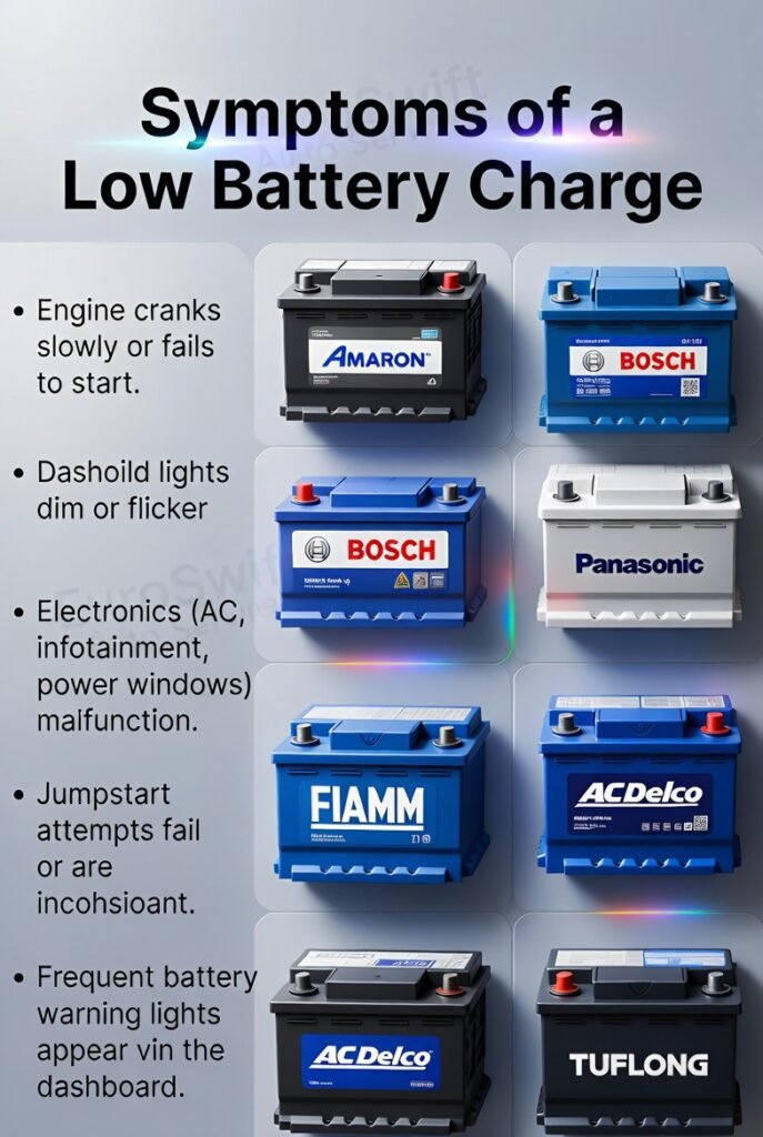 “User guide infographic showing symptoms of low battery charge in Dubai, with side panels for key points and central battery brand visuals in animated professional style.”