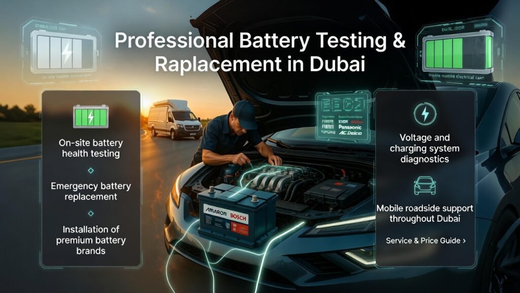 Professional car battery testing and replacement in Dubai by EuroSwift Auto Services, showing on-site diagnostics, premium batteries, and mobile roadside support.