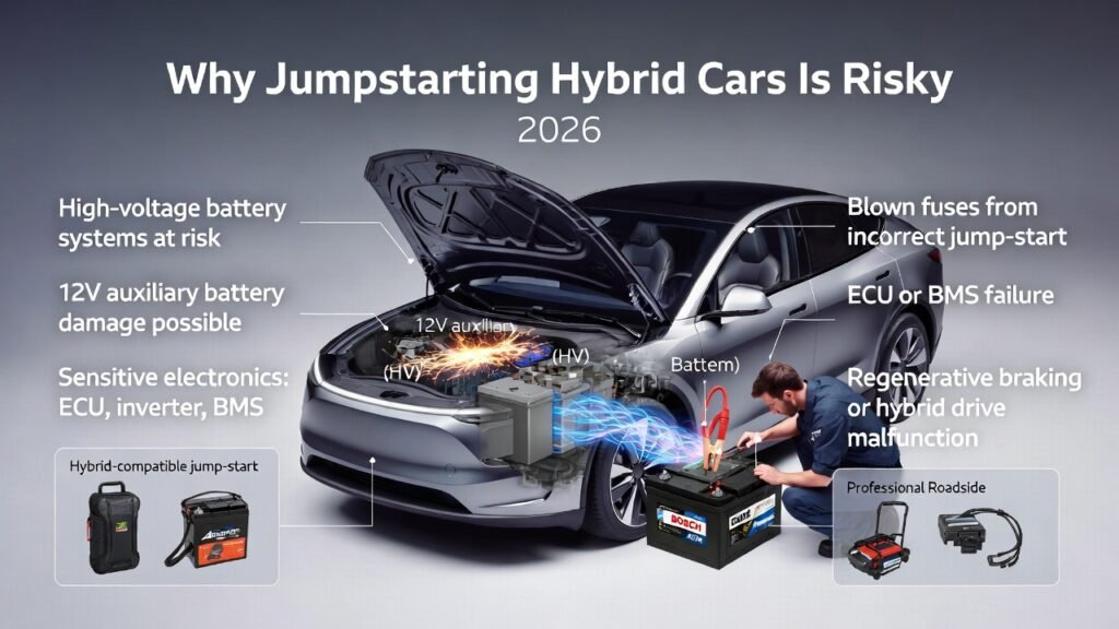 Luxury hybrid car showing risks of jumpstarting with hood open, highlighting 12V auxiliary and high-voltage battery, with technician inspecting and infographic points illustrating potential failures and safety measures.