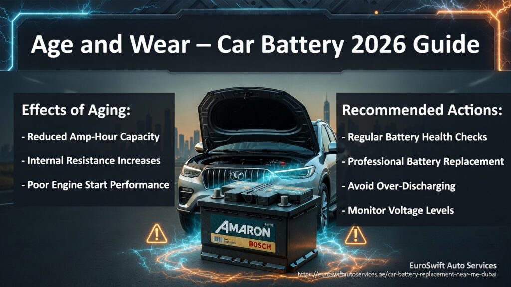 Modern SUV in Dubai showing aged car battery with reduced amp-hour capacity, higher internal resistance, and poor engine start performance; infographic with replacement recommendations.