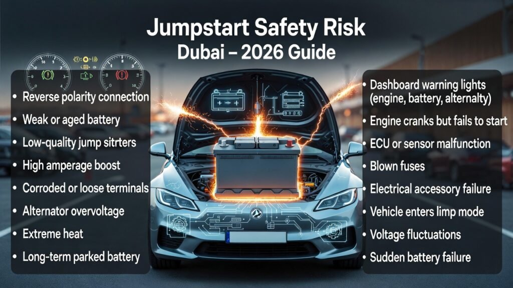 Infographic showing jumpstart safety risks in Dubai vehicles, including reverse polarity, weak batteries, high-amperage misuse, and resulting ECU, sensor, and electrical system issues.