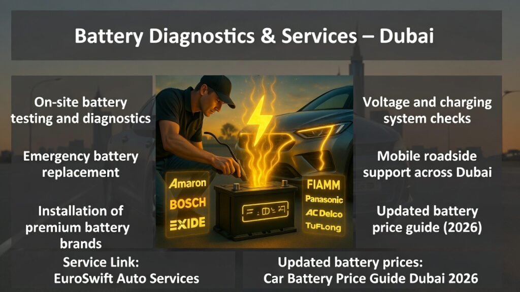 EuroSwift Auto Services performing mobile battery diagnostics and replacement in Dubai, showing premium batteries, voltage checks, and on-site professional services.