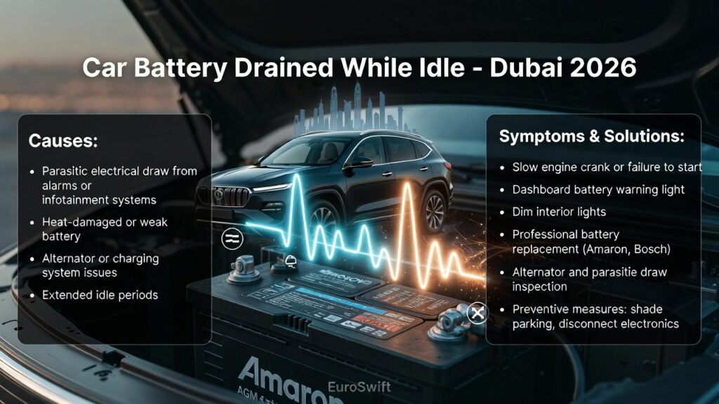 Modern SUV parked in Dubai with battery drain during idle; infographic highlights causes like parasitic draw and heat damage, symptoms including slow engine crank and warning lights, and solutions with professional battery replacement and alternator inspection.