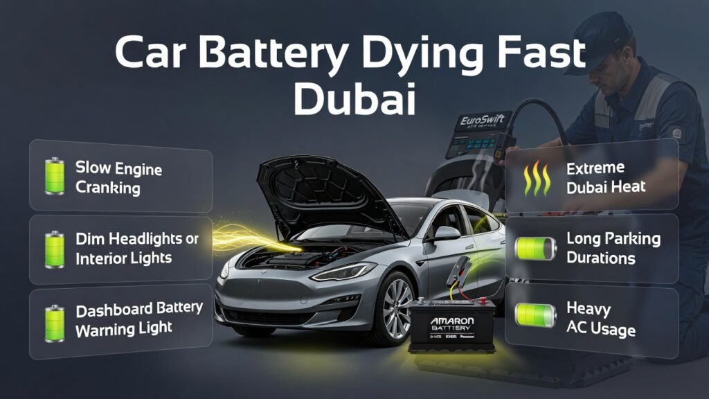 Illustration of a car battery dying fast in Dubai, showing battery check, warning signs, and causes with premium battery brands and professional roadside assistance.