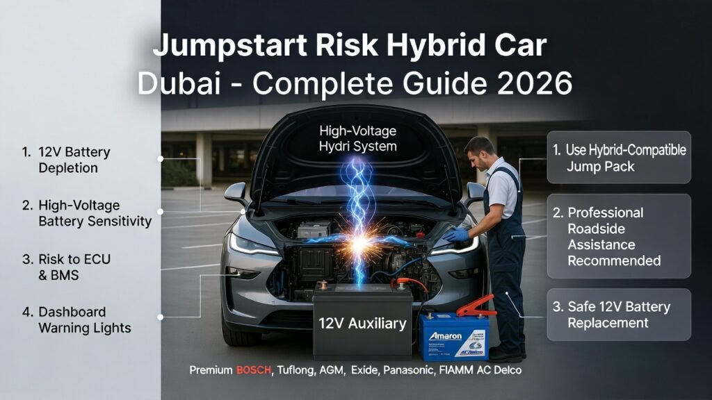 Luxury hybrid car showing jumpstart risk in Dubai with hood open, technician inspecting 12V auxiliary battery and high-voltage components, with infographic points highlighting risks and safety measures.