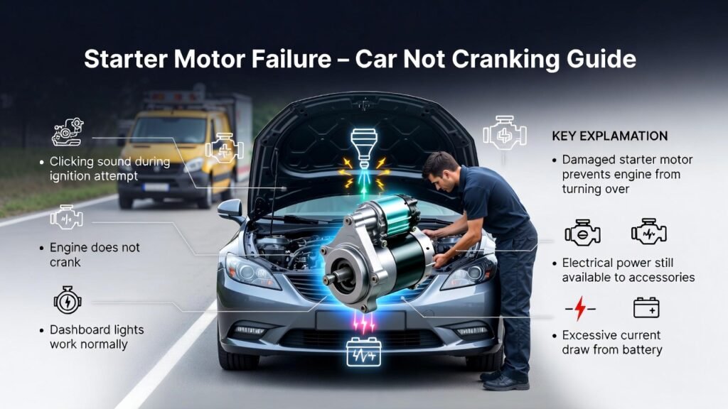 Starter motor failure showing a car with open hood while ignition clicking occurs and infographic points explain engine not cranking despite normal dashboard lights.