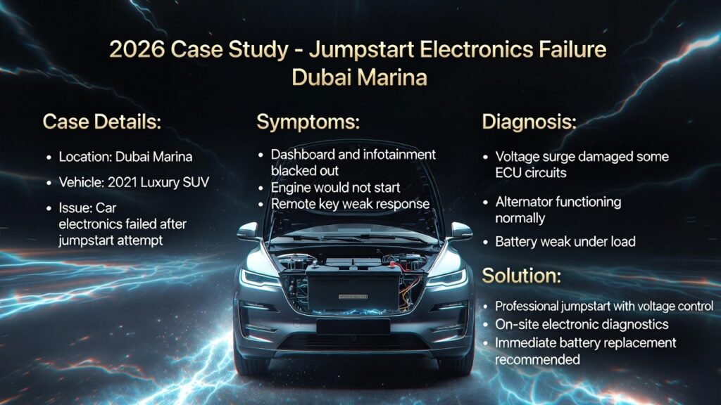 2026 Case Study – Jumpstart Electronics Failure Dubai Marina Luxury SUV Premium 4K automotive case study infographic showing a 2021 luxury SUV in Dubai Marina with jumpstart electronics failure, featuring symptoms, diagnosis, and solution displayed on left and right sides with central battery visual and electric glow accents.