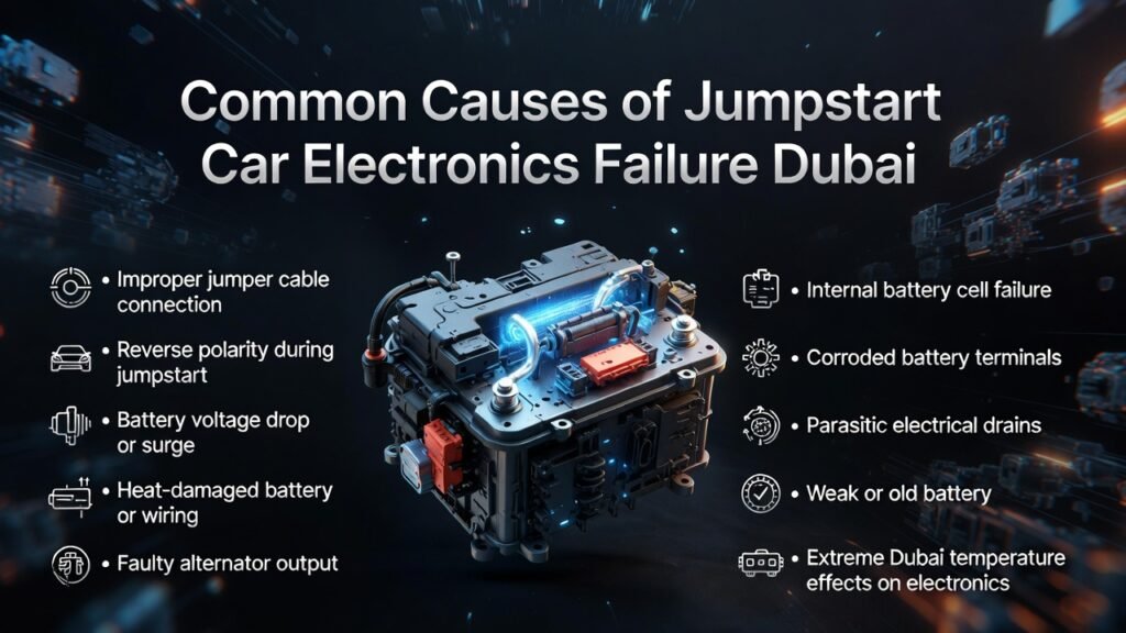 Common Causes of Jumpstart Car Electronics Failure Dubai – Premium Infographic High-quality 4K infographic showing a central premium car battery or electronics system with electric glow accents, headline at the top, and common causes of jumpstart electronics failure in Dubai listed on left and right sides.