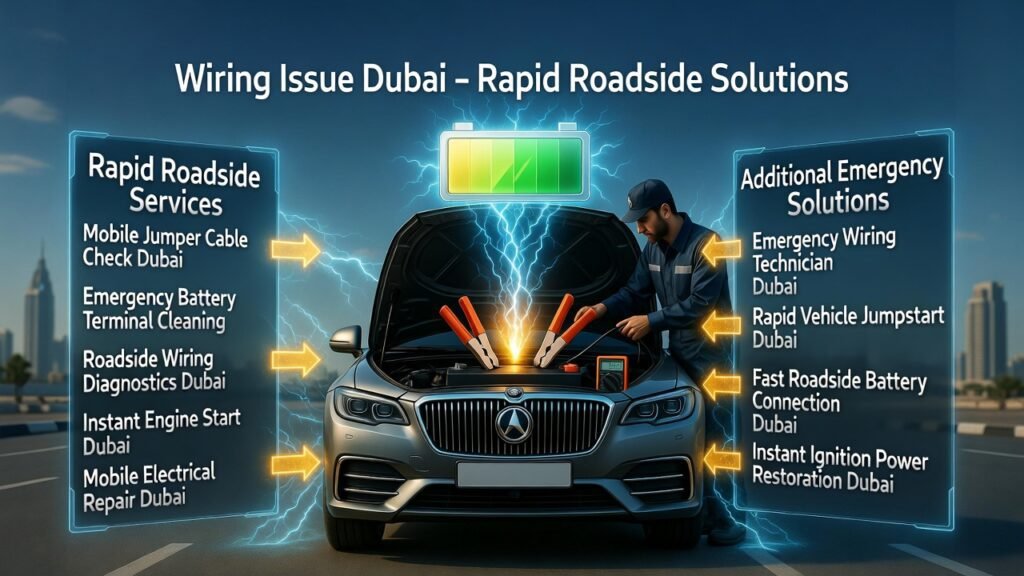 Wiring Issue Dubai β Rapid Roadside Solutions Infographic showing a luxury car in Dubai with a technician performing a jumpstart, highlighting rapid roadside wiring solutions, battery terminal cleaning, and emergency electrical support.