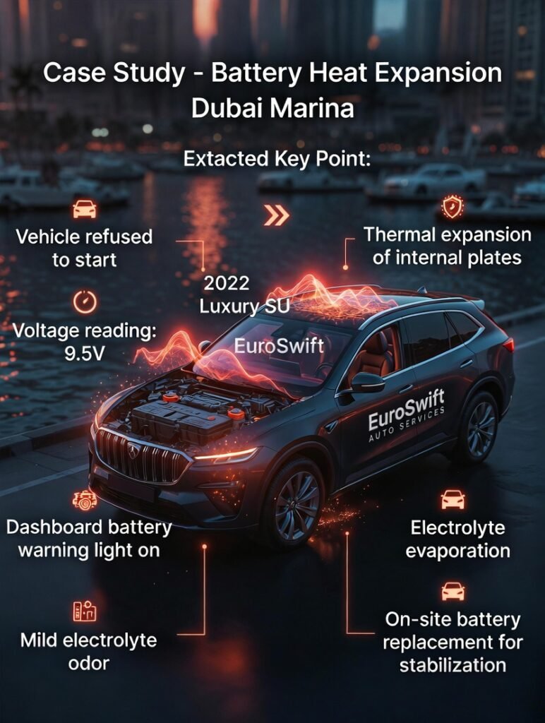 Infographic showing a 2022 Luxury SUV in Dubai Marina with battery heat expansion. Side bullet points list vehicle symptoms, diagnostic findings, and solution.