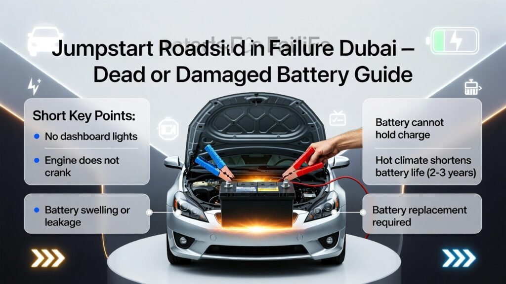 Jumpstart roadside failure in Dubai showing a car with open hood and technician connecting jumper cables while infographic points explain dead or damaged battery symptoms.