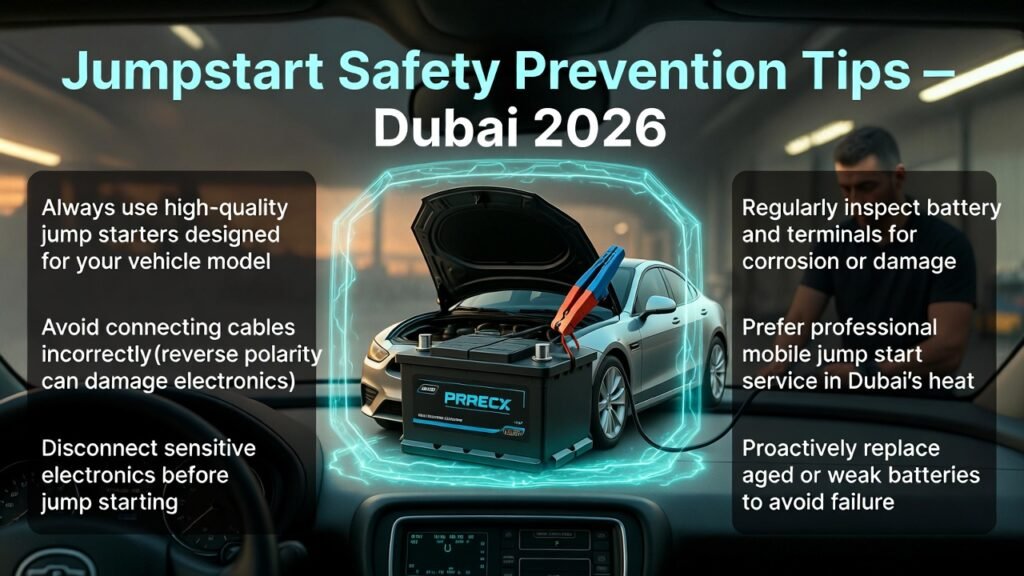 Infographic showing jumpstart safety prevention tips for Dubai vehicles, including using high-quality jump starters, avoiding reverse polarity, disconnecting electronics, proper amperage, battery inspection, professional services, replacing weak batteries, and avoiding DIY during extreme heat.
