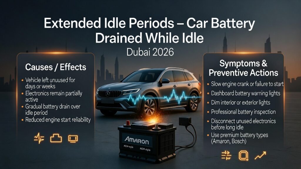 Modern SUV parked in Dubai for multiple days, showing gradual battery drain during extended idle with electronics partially active; infographic highlights causes, effects, symptoms, and preventive actions with a premium branded battery.