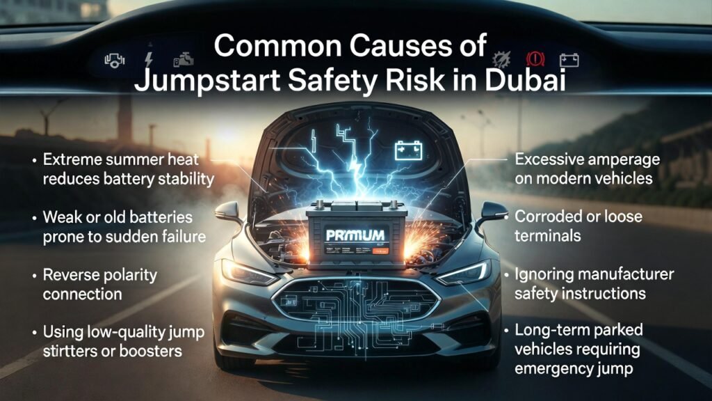 Infographic showing common causes of jumpstart safety risks in Dubai vehicles, including extreme heat, weak or old batteries, reverse polarity, low-quality jump starters, excessive amperage, corroded terminals, and long-term parking issues.