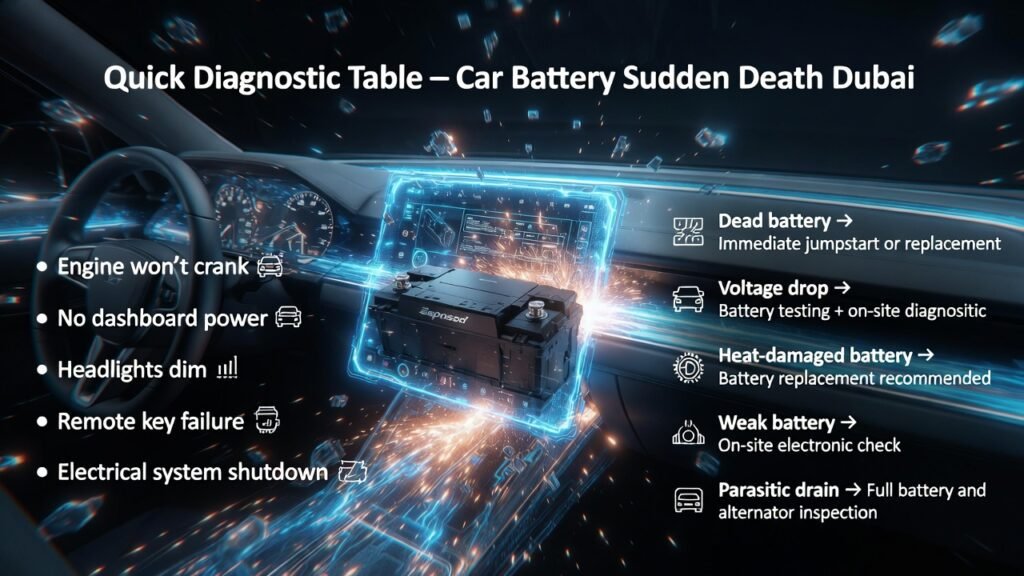 Premium 4K infographic showing a central branded car battery or SUV dashboard with electric glow accents, headline at the top, and a quick diagnostic table of symptoms, likely causes, and required actions for car battery sudden death in Dubai displayed on left and right sides.