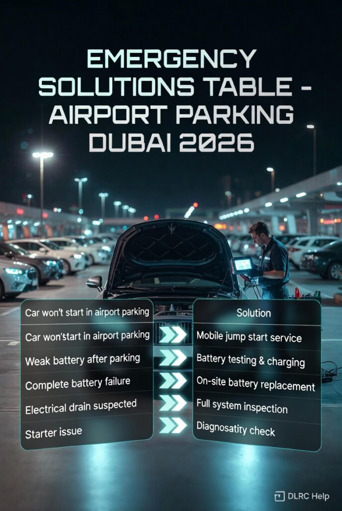 Luxury car at Dubai airport parking with mobile mechanic performing jump start and diagnostic while infographic table shows emergency solutions for car not starting.