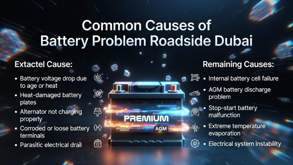 High-quality 4K automotive infographic showing common causes of battery problems roadside in Dubai, featuring a central premium battery image with electric glow accents and key causes listed on both sides.