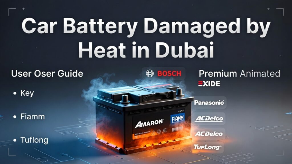 “Feature illustration of a car battery damaged by heat in Dubai with title on top, side bullet points space, and premium brand logos around it for a professional user guide style article.”