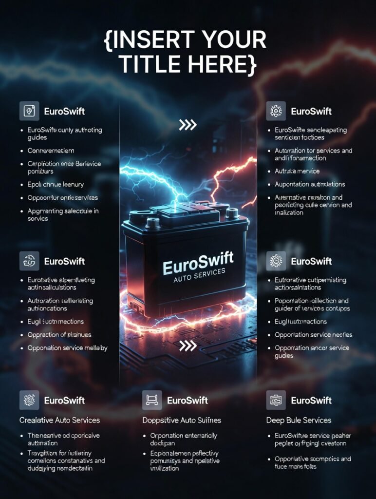 High-quality automotive infographic with central branded vehicle/battery visual, side-aligned bullet points extracted from user-provided content, and a bold title at the top.