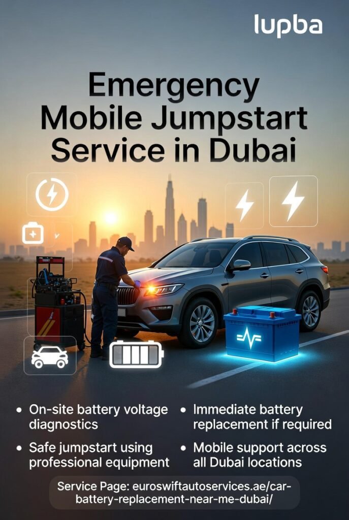 Infographic showing emergency mobile jumpstart service in Dubai with a technician jumpstarting a luxury SUV and side bullet points explaining roadside battery services.