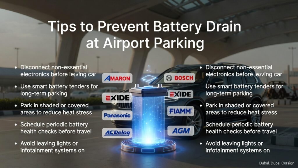 “Tips to Prevent Battery Drain at Airport Parking” “Infographic showing tips to prevent battery drain at Dubai airport parking with central glowing luxury car battery, luxury SUV in shaded area, side bullet points, and animated premium battery brand logos.”