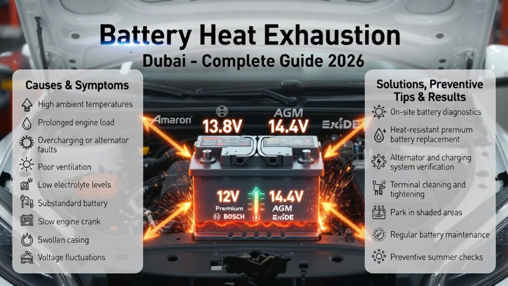 Infographic showing causes, symptoms, preventive tips, and solutions for battery heat exhaustion in Dubai, highlighting heat-damaged batteries, voltage instability, and high-performance replacement options.